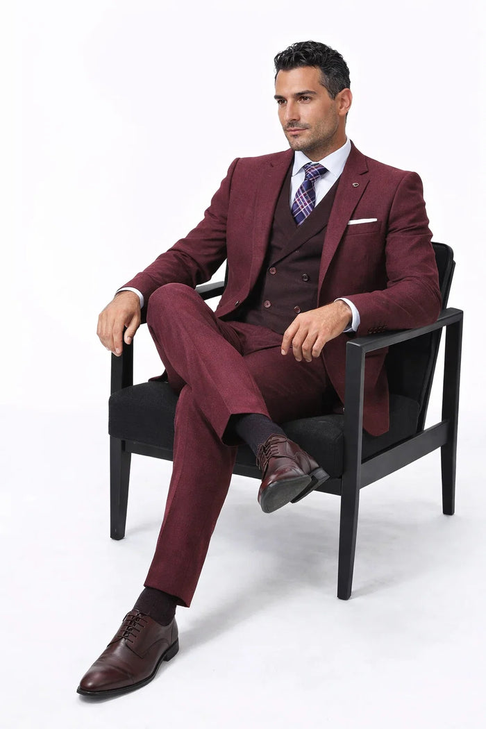  Burgundy Vintage Style Wool Suit – Two Button Jacket with Double Breasted Vest