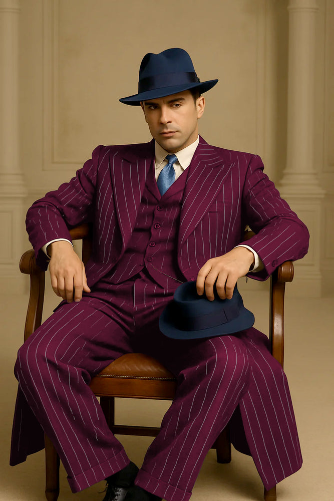 Mens Burgundy Pinstripe Suit – Classic Long Coat Style with White Stripes