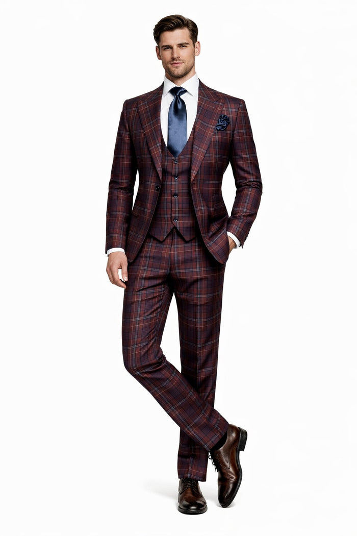 Mens Rossiman Burgundy Plaid 3-Piece Vested Suit – Modern Tailored Fit
