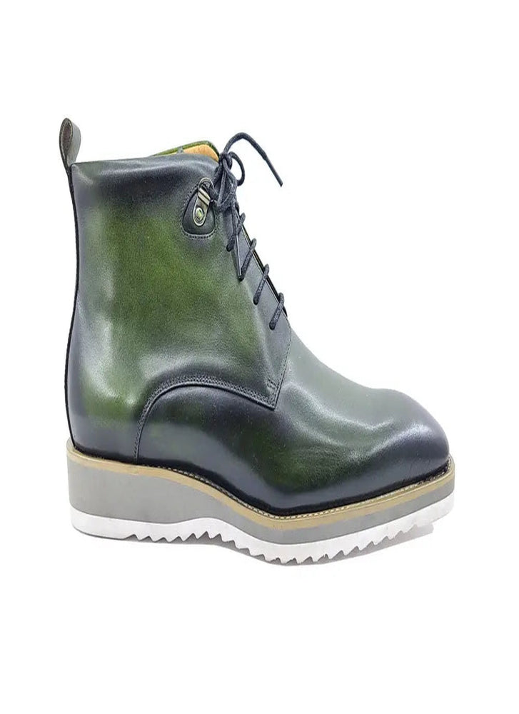 Moss green leather boots with white sole