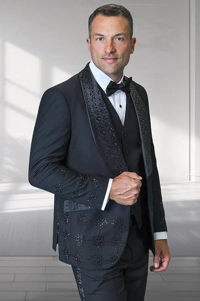 Mens Designer Floral Rhinestone Prom and Wedding Tuxedo in Black and Black