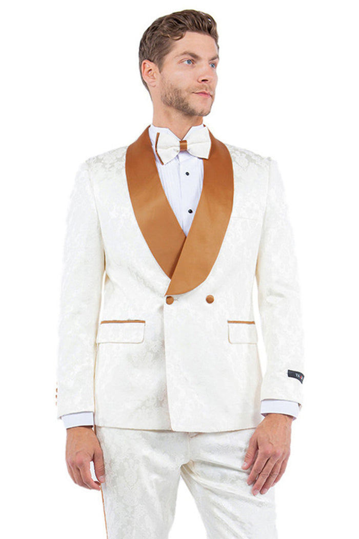 Men's Ivory & Rust Paisley Smoking Jacket with Slim Fit Tuxedo