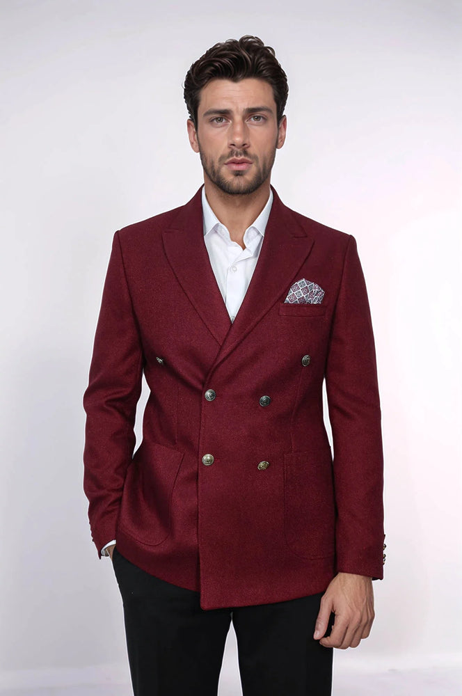 Mens Burgundy Slim Fit Blazer – Sharp Double Breasted Design