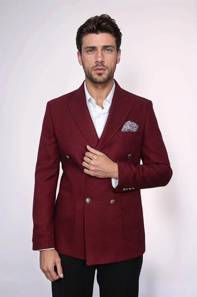 Mens Burgundy Slim Fit Blazer – Sharp Double Breasted Design