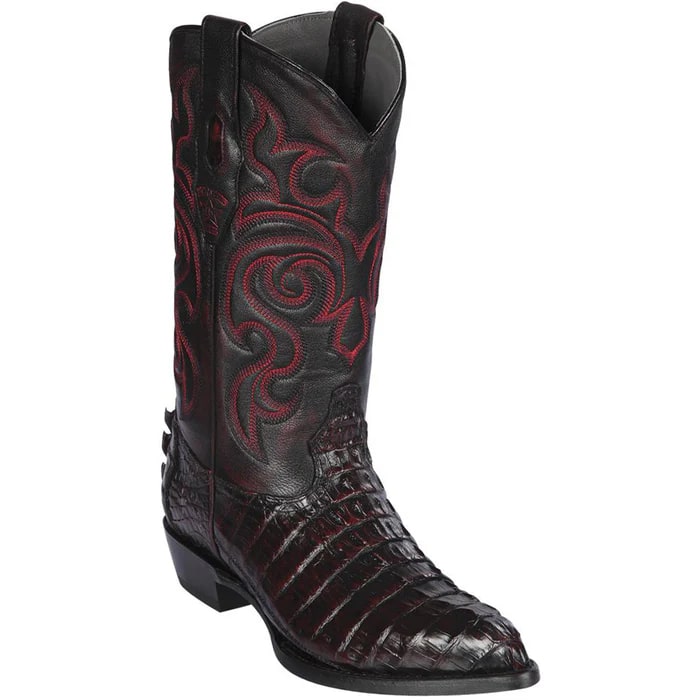 Men's Black Cherry J Toe Caiman Tail Cowboy Boots - Los Altos Western Dress Boots