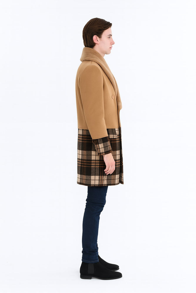 Mens Camel Brown Shawl Collar Overcoat with Plaid Wool Bottom – Double-Breasted Winter Topcoat With Fur Collar