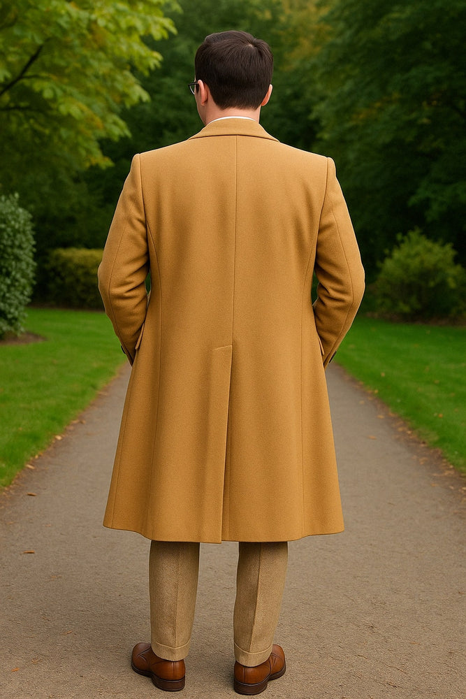 Great Gatbsy Package -  Mens Camel Overcoat with Beige Tweed 3-Piece Suit Combo 4 Items Formal Winter Outfit