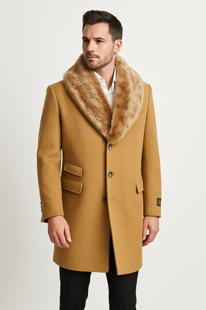 Mens Camel Overcoat with Light Faux Fur Collar – Single-Breasted Wool Dress Coat