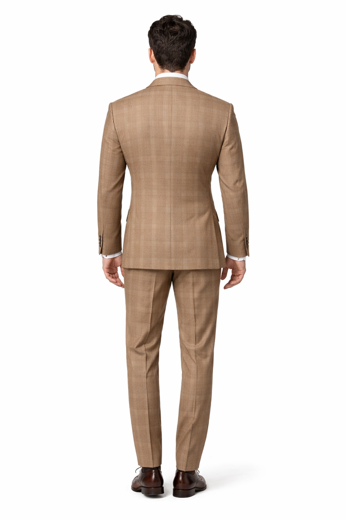 Camel Regent Windowpane Double-Breasted 3-Piece Luxury Suit by Rossiman