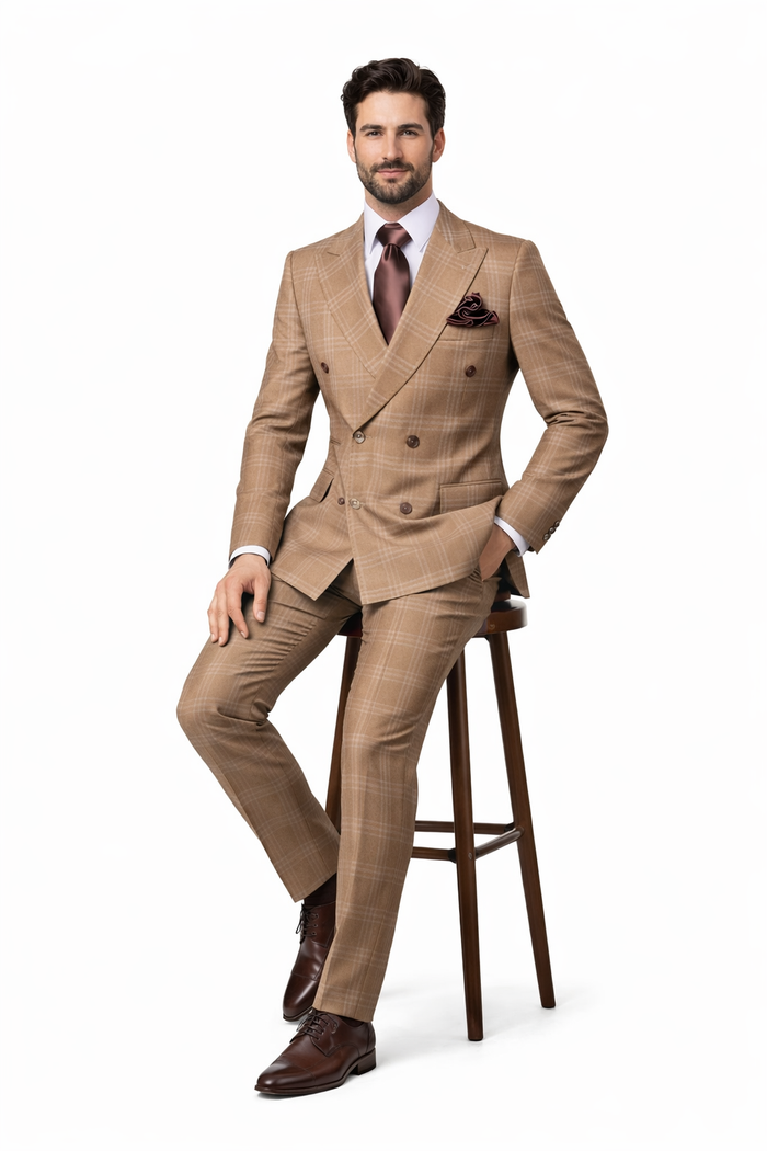 Camel Regent Windowpane Double-Breasted 3-Piece Luxury Suit by Rossiman