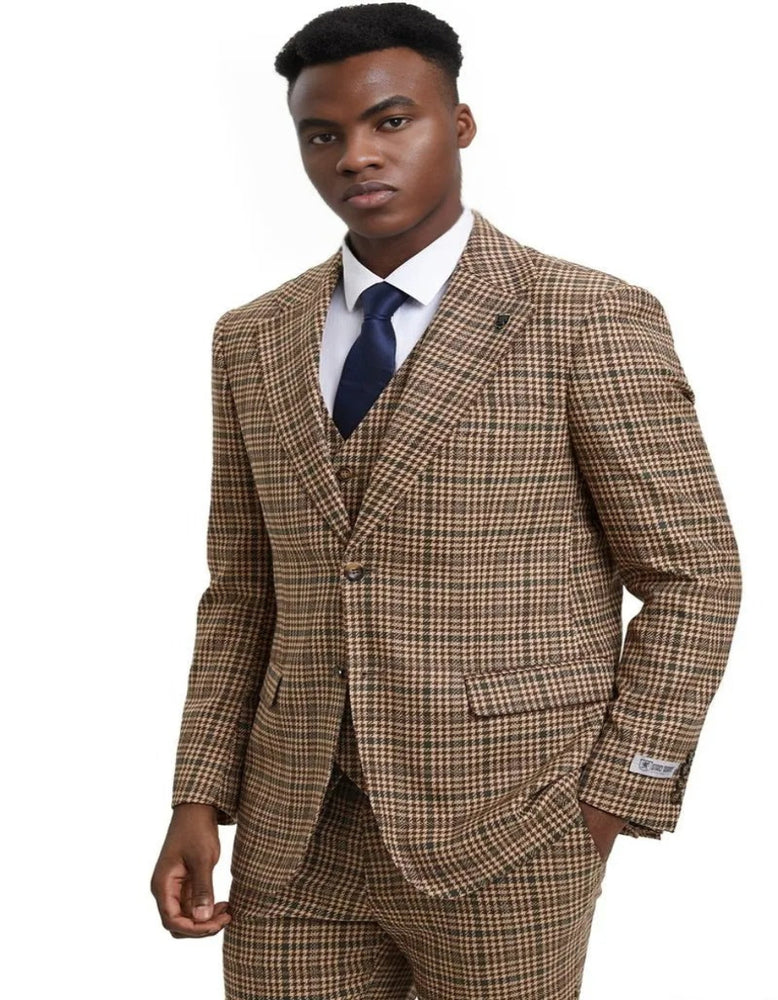 Men's Stacy Adams Vested Modern Fit Houndstooth Camel  Suit