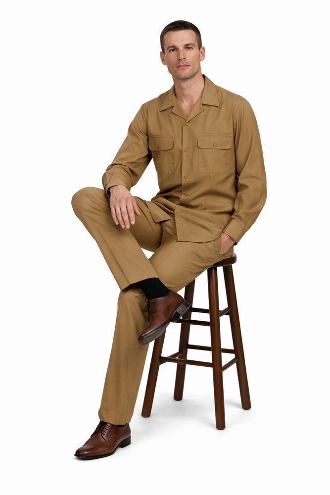 Mens Luxury Caramel Wool Two-Piece Leisure Walking Suit