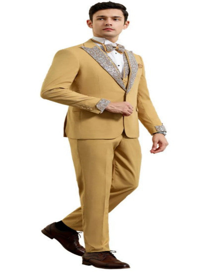 Champagne Prom Tuxedo - Perfect Wedding Suit Vested Rhinestone sequin Lapelled
