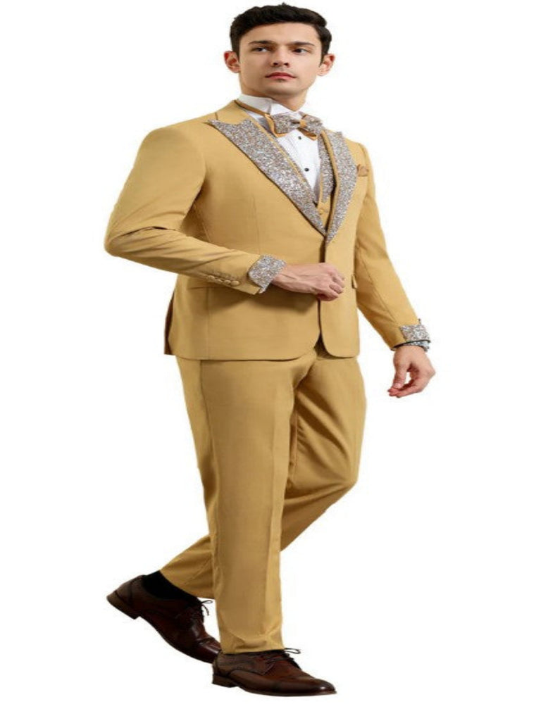 Champagne Prom Tuxedo - Perfect Wedding Suit Vested Rhinestone sequin Lapelled