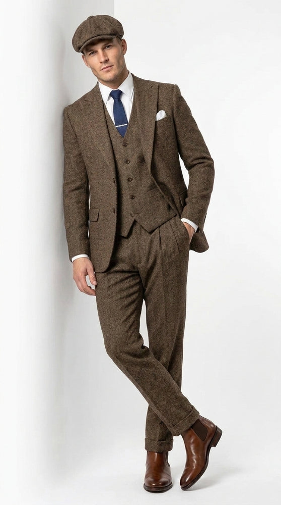 Men’s Brown Tweed Peaky Blinders Suit, Classic Vintage 3 Piece Gentleman’s Dress Suit