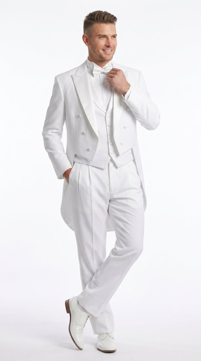 Men’s White Tailcoat Tuxedo with Lapelled Vest, Formal Wedding White Tie Tail Suit