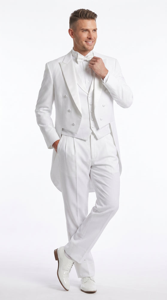 Men’s White Tailcoat Tuxedo with Lapelled Vest, Formal Wedding White Tie Tail Suit