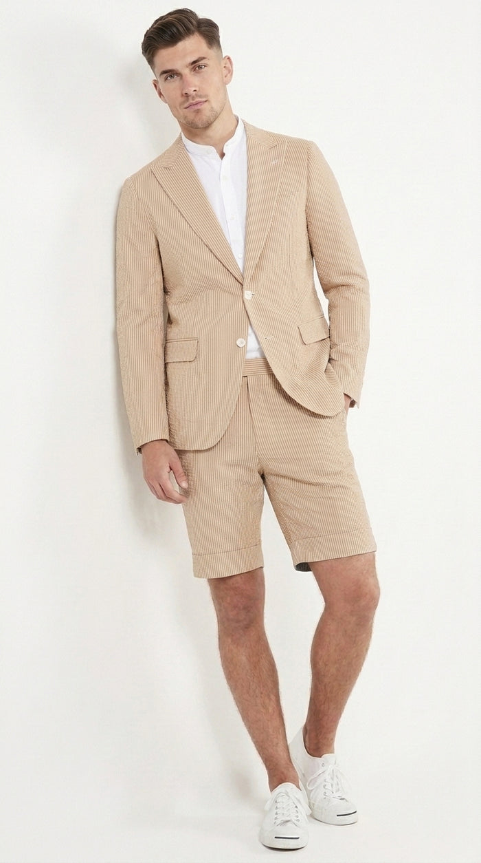 Men’s Camel Short Pants Suit Set, Peak Lapel Summer Business Sport Coat and Shorts Outfit