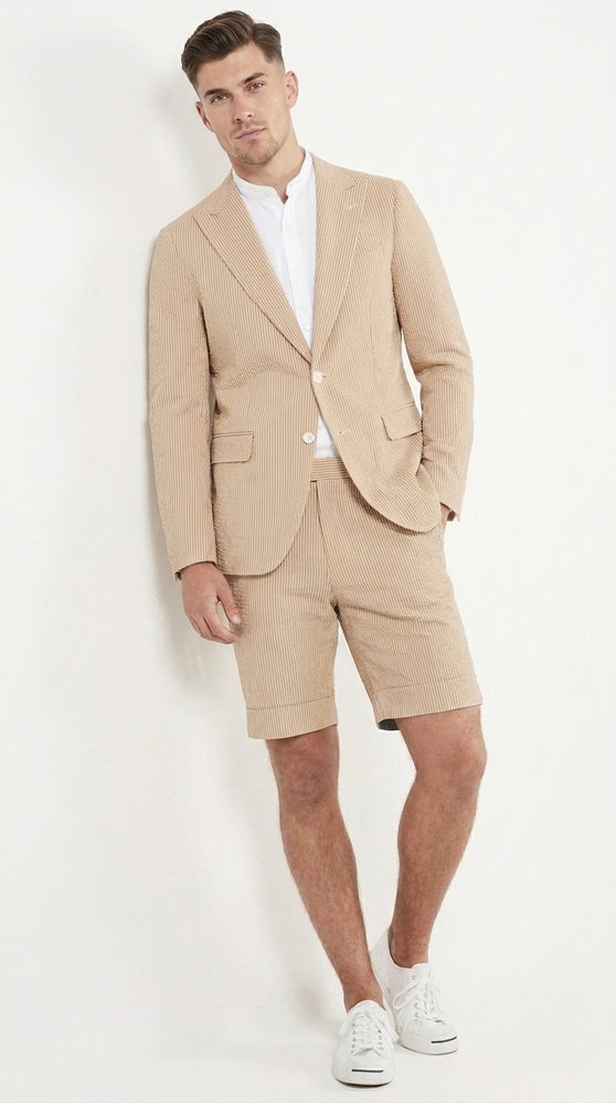 Men’s Camel Short Pants Suit Set, Peak Lapel Summer Business Sport Coat and Shorts Outfit
