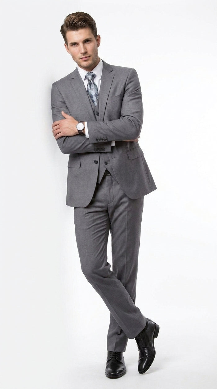 Men’s Charcoal Grey 3 Piece Suit, Notch Lapel 2 Button Vested Formal Business Dress Suit