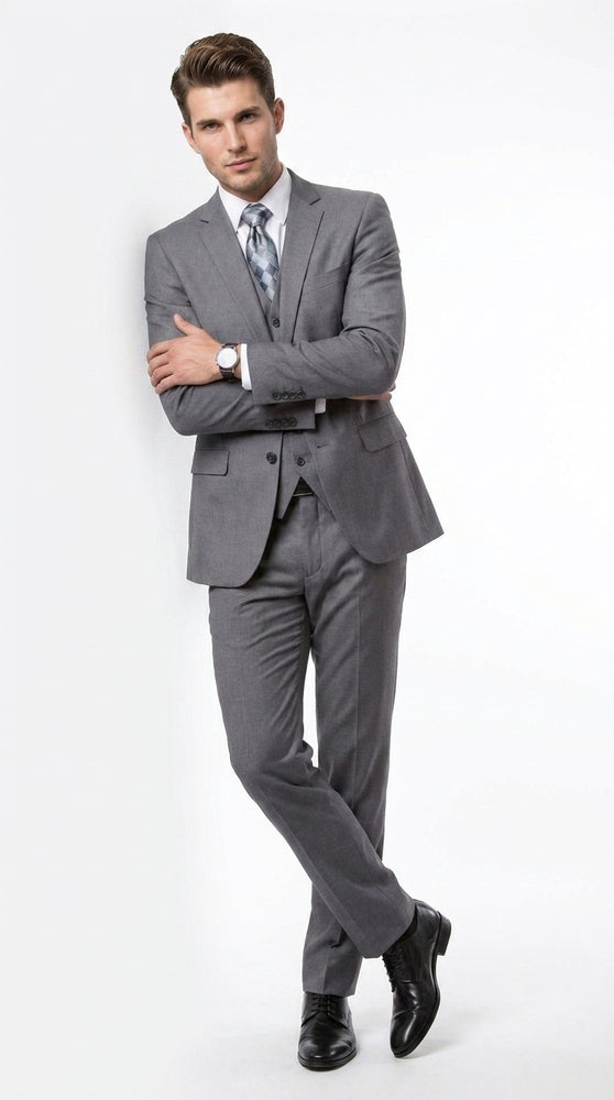 Men’s Charcoal Grey 3 Piece Suit, Notch Lapel 2 Button Vested Formal Business Dress Suit