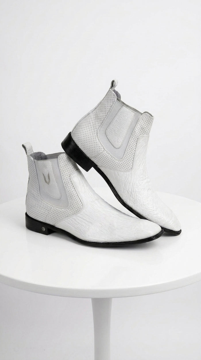 Men’s Handmade White Vestigium Sharkskin Chelsea Boots, Genuine Exotic Dress Ankle Boots