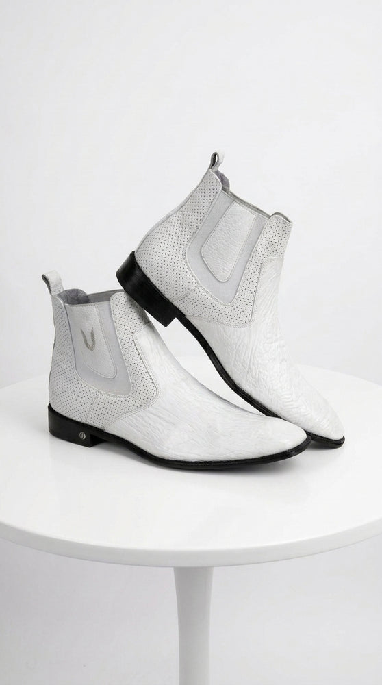 Men’s Handmade White Vestigium Sharkskin Chelsea Boots, Genuine Exotic Dress Ankle Boots