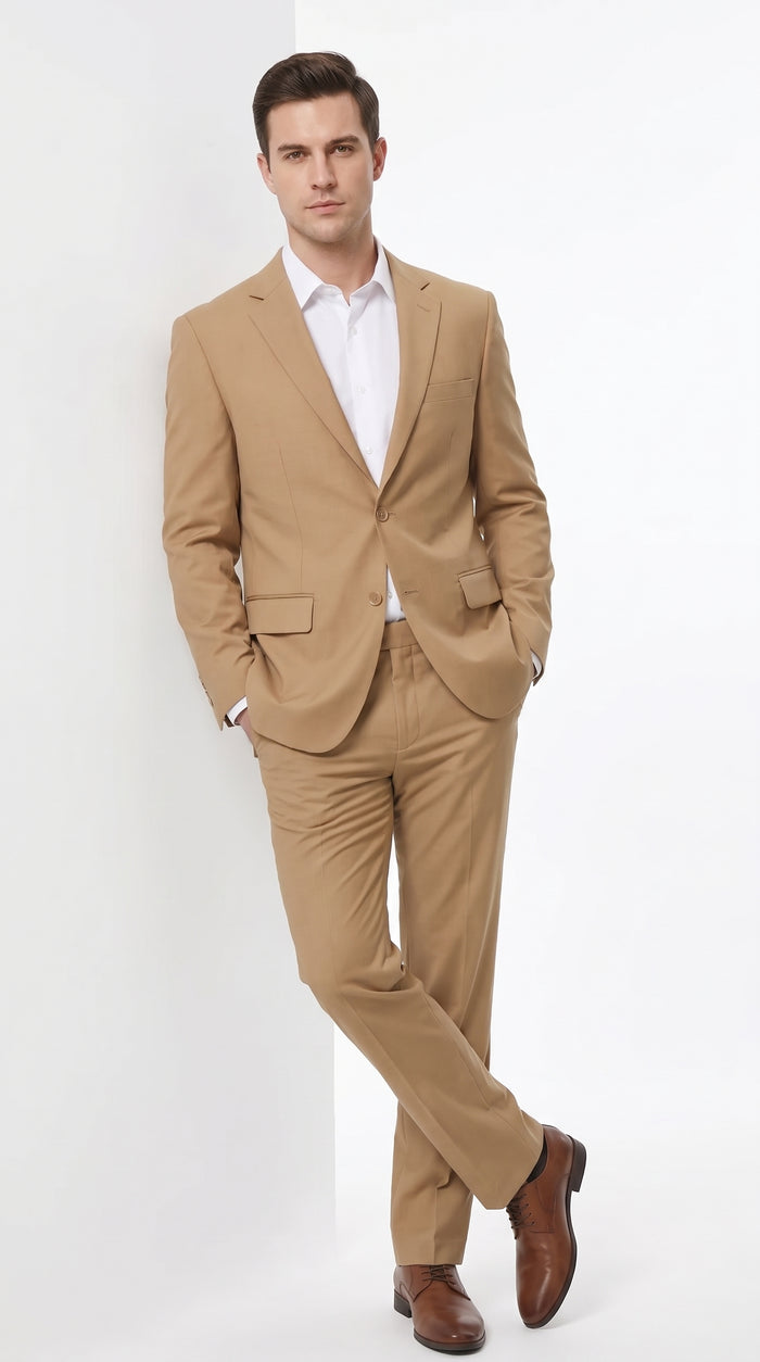 Men’s Khaki Beige 2 Button Business Suit, Camel Bronze Formal Dress Suit for Weddings and Clearance Sale