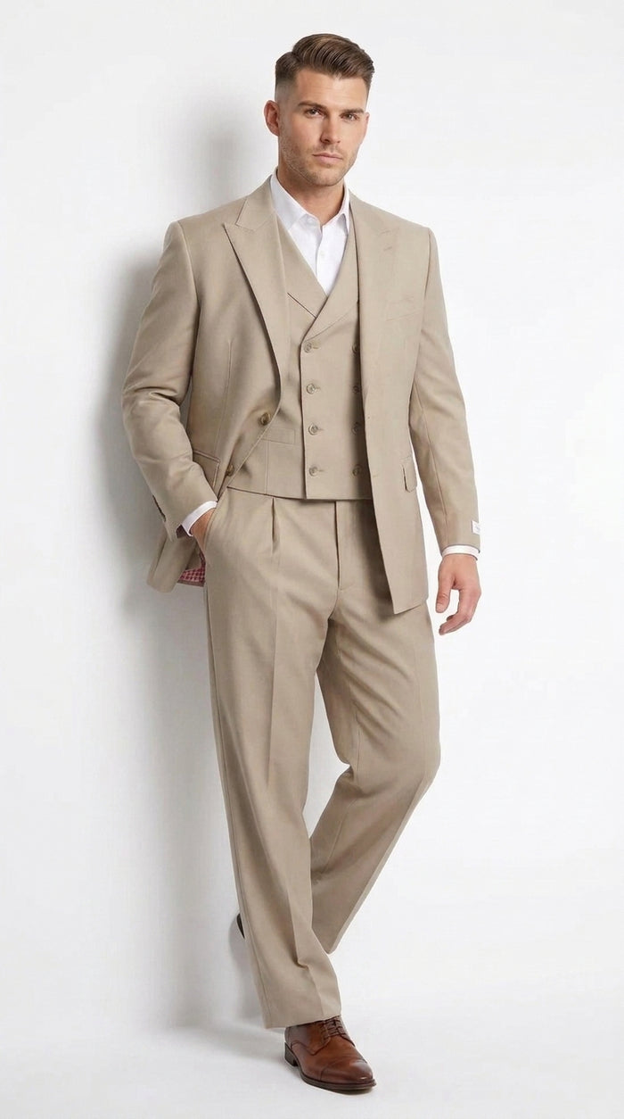 Tiglio Rosso Men’s Tan 3 Piece Italian Wool Suit, Classic Fit Peak Lapel Wide Leg Dress Suit