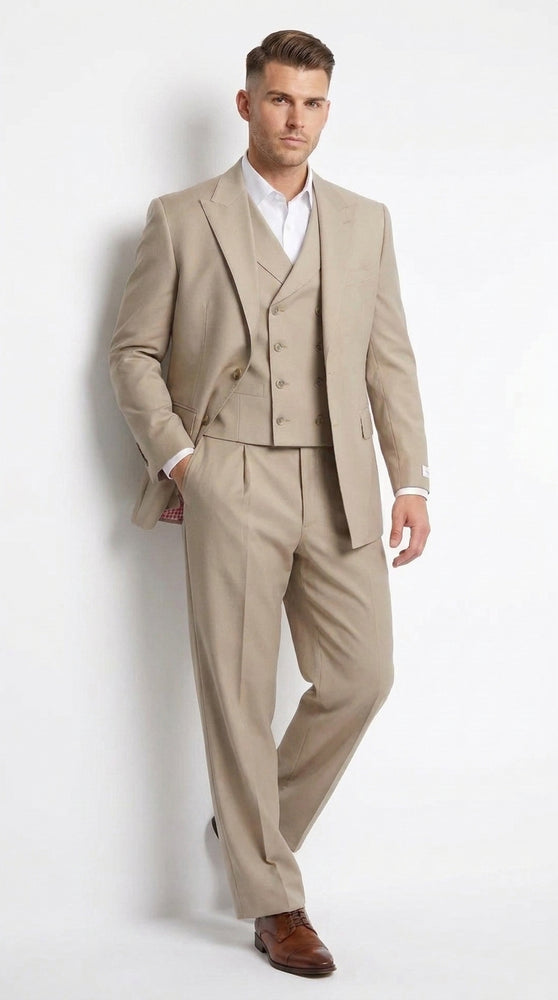 Tiglio Rosso Men’s Tan 3 Piece Italian Wool Suit, Classic Fit Peak Lapel Wide Leg Dress Suit