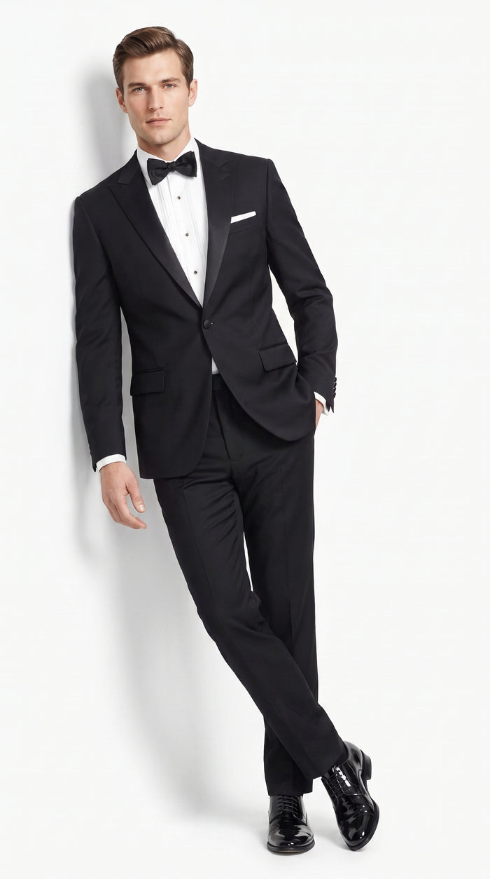 Men’s Black 100% Worsted Wool Tuxedo, Peak Lapel Formal Wedding Prom Dinner Suit