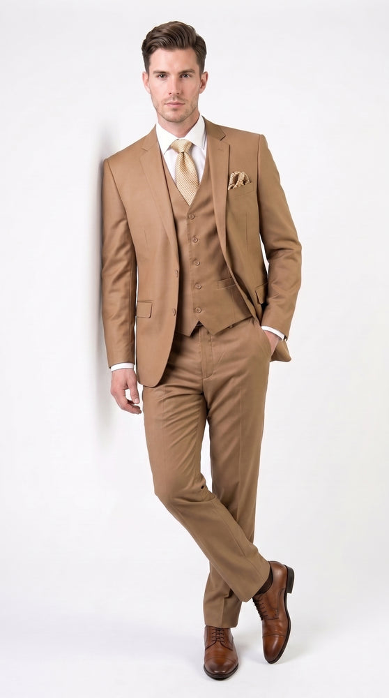 Men’s Camel Vested Suit, 3 Piece Formal Wedding Business Dress Suit