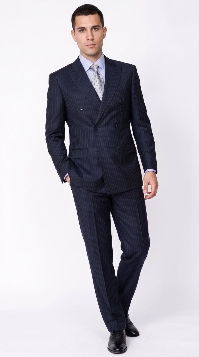Men’s Dark Navy Blue Pinstripe Double Breasted Suit, Formal Business Wedding Dress Suit