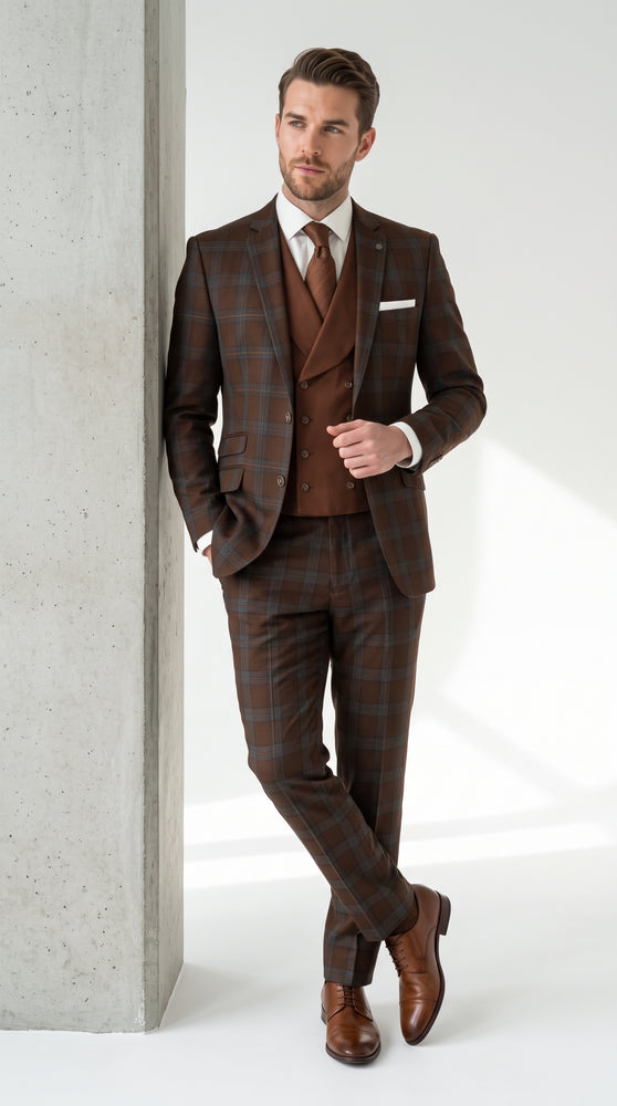 Statement Men’s Brown Plaid 3 Piece Wool Suit, Classic Fashion Suit with Double Breasted Vest