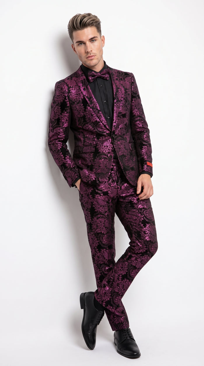 Men’s Black and Deep Pink Floral Tuxedo Suit, Slim Fit 2 Piece Formal Prom Wedding Suit with Bow Tie