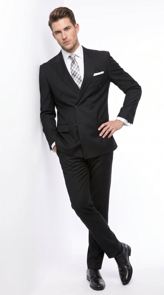 Statement Confidence Men’s Black Double Breasted Wool Suit, Italian Design Formal Wedding Business Suit