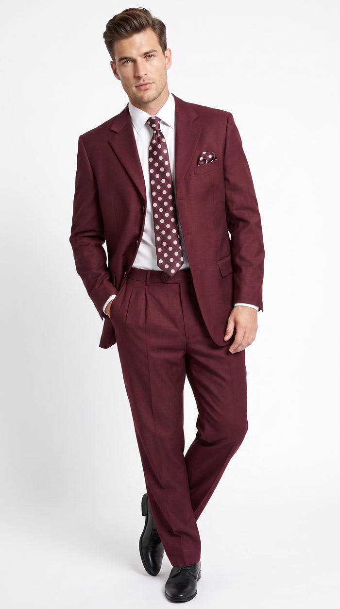 Men’s Burgundy 3 Button Textured Suit, Classic Fit Formal Wedding Business Suit with Pleated Pants