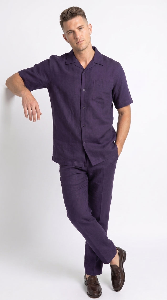 Men’s Dark Navy Linen Walking Suit, Short Sleeve Shirt and Pants Casual Summer Set