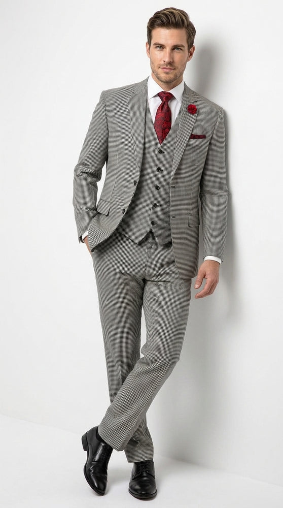 Men’s Black and White Houndstooth Tweed 3 Piece Suit, Vested 2 Button Formal Dress Suit