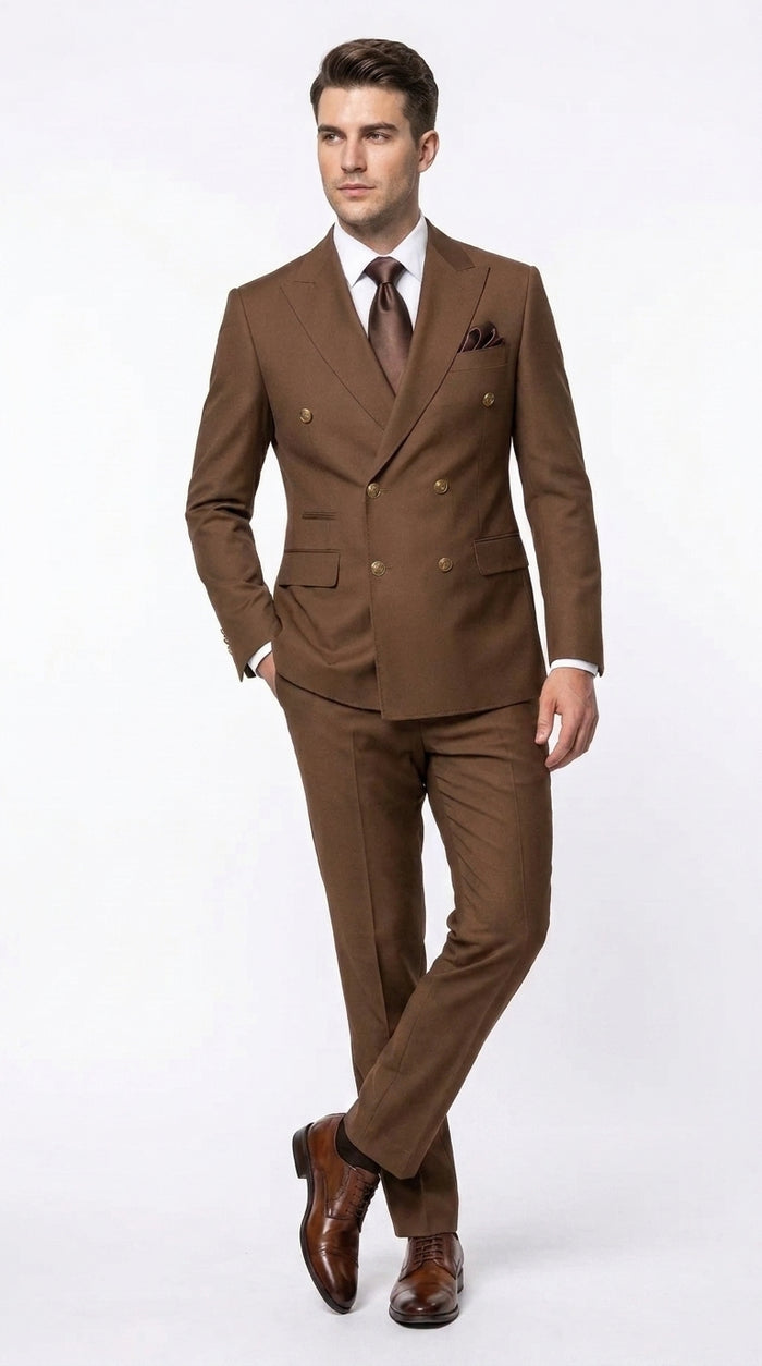 Rossi Man Men’s Brown Double Breasted Suit, Modern Fit Formal Wedding Business Dress Suit