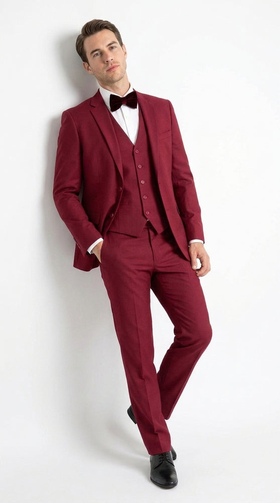 Men’s Red 3 Piece Suit, Tapered European Cut Formal Wedding Prom Suit