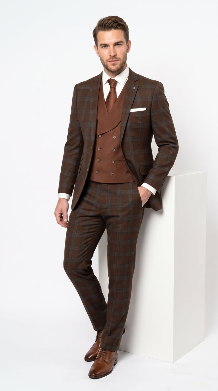 Statement Men’s Brown Plaid 3 Piece Wool Suit, Classic Fashion Suit with Double Breasted Vest