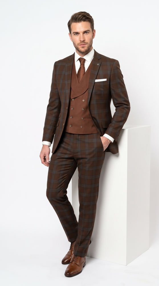 Statement Men’s Brown Plaid 3 Piece Wool Suit, Classic Fashion Suit with Double Breasted Vest