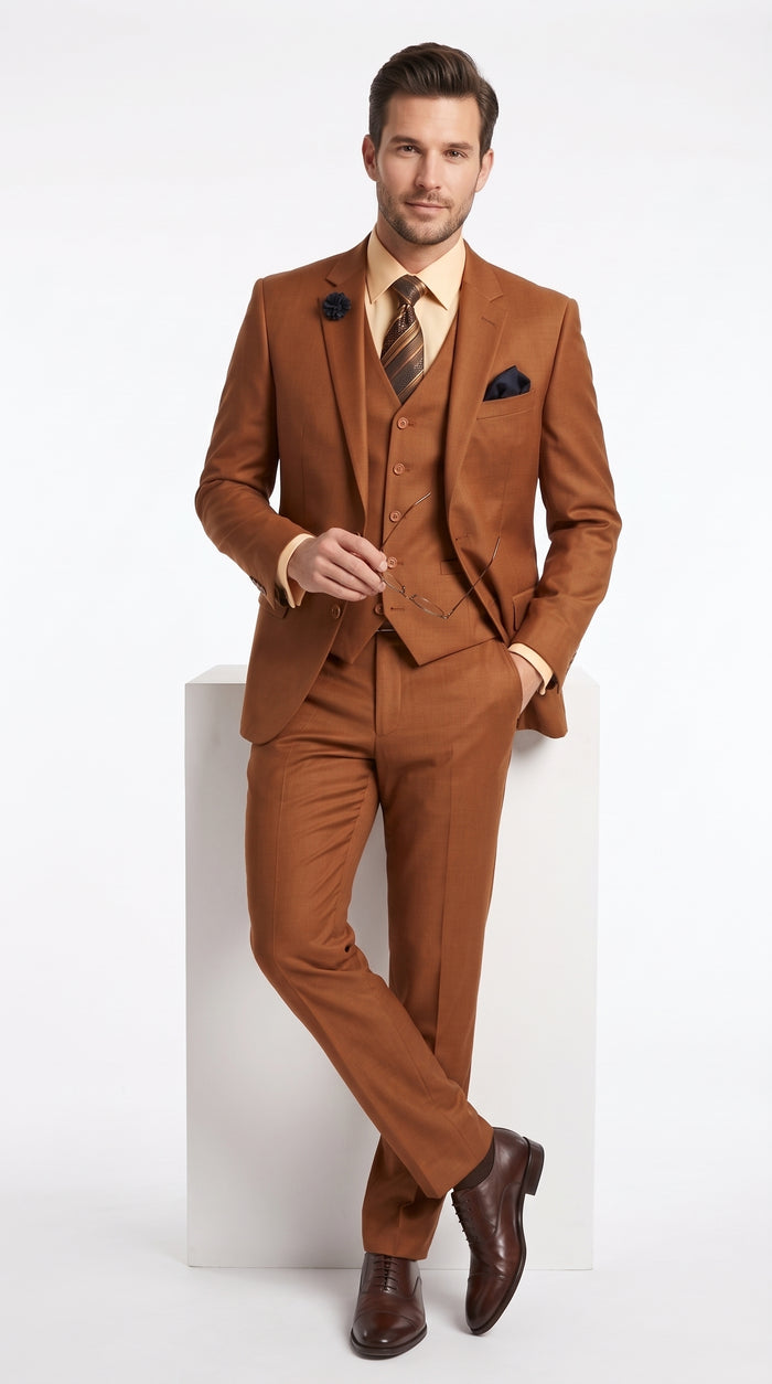 Men’s Copper Rust 3 Piece Vested Suit, Solid 2 Button Formal Wedding Business Suit