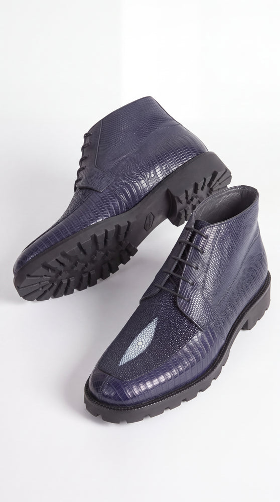 Los Altos Navy Genuine Lizard & Stingray Ankle Boots