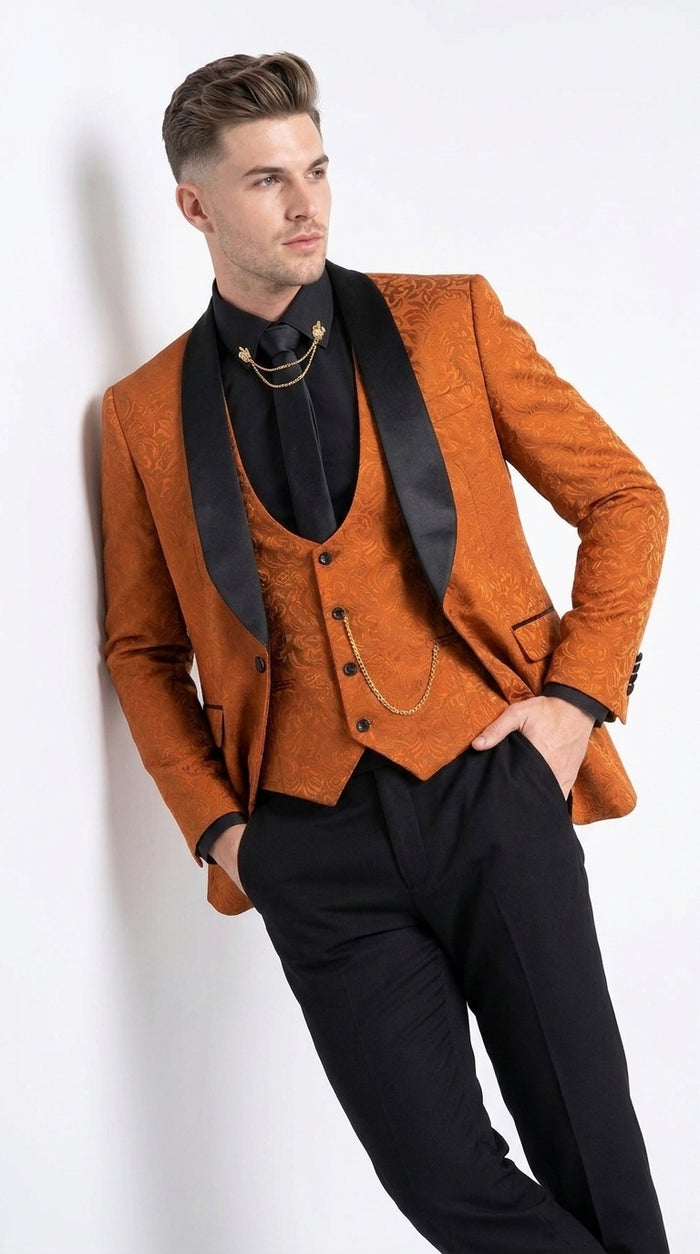 Men’s Burnt Orange Floral Brocade Tuxedo, Designer Formal Wedding Prom Dinner Suit