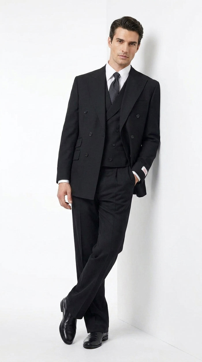 Tiglio Men’s Black Double Breasted Wool Suit, Super 150s Italian Fabric Wide Leg Vested Suit