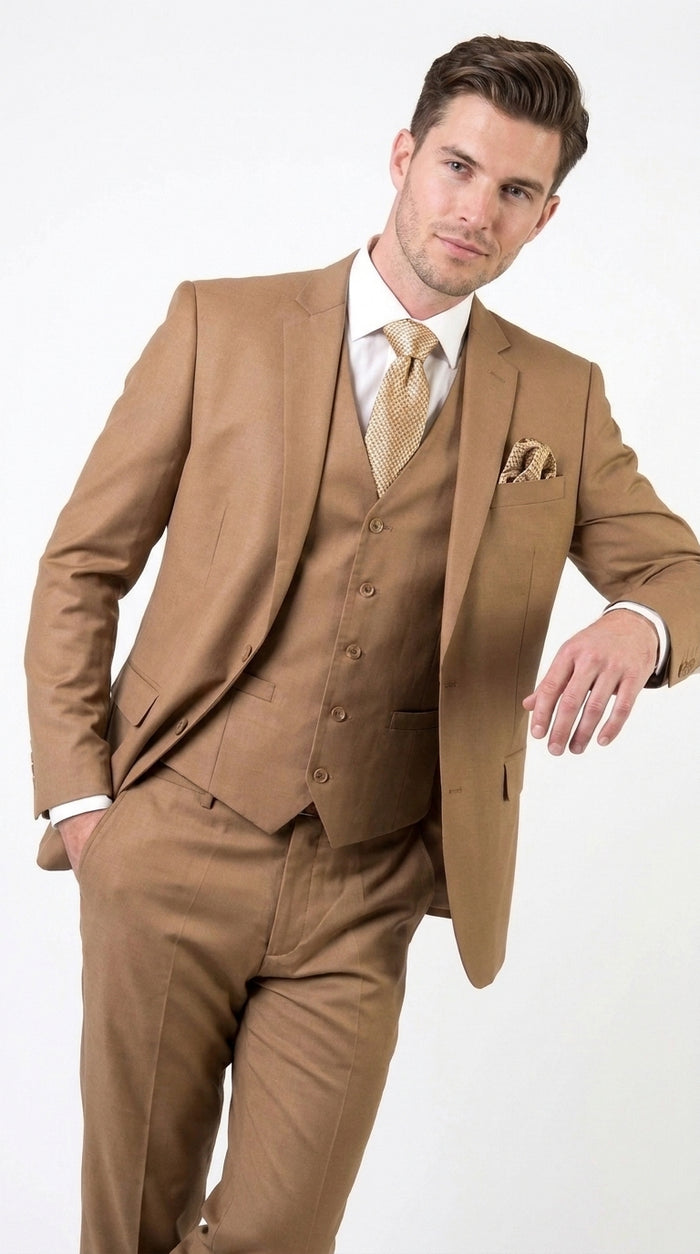 Men’s Camel Vested Suit, 3 Piece Formal Wedding Business Dress Suit