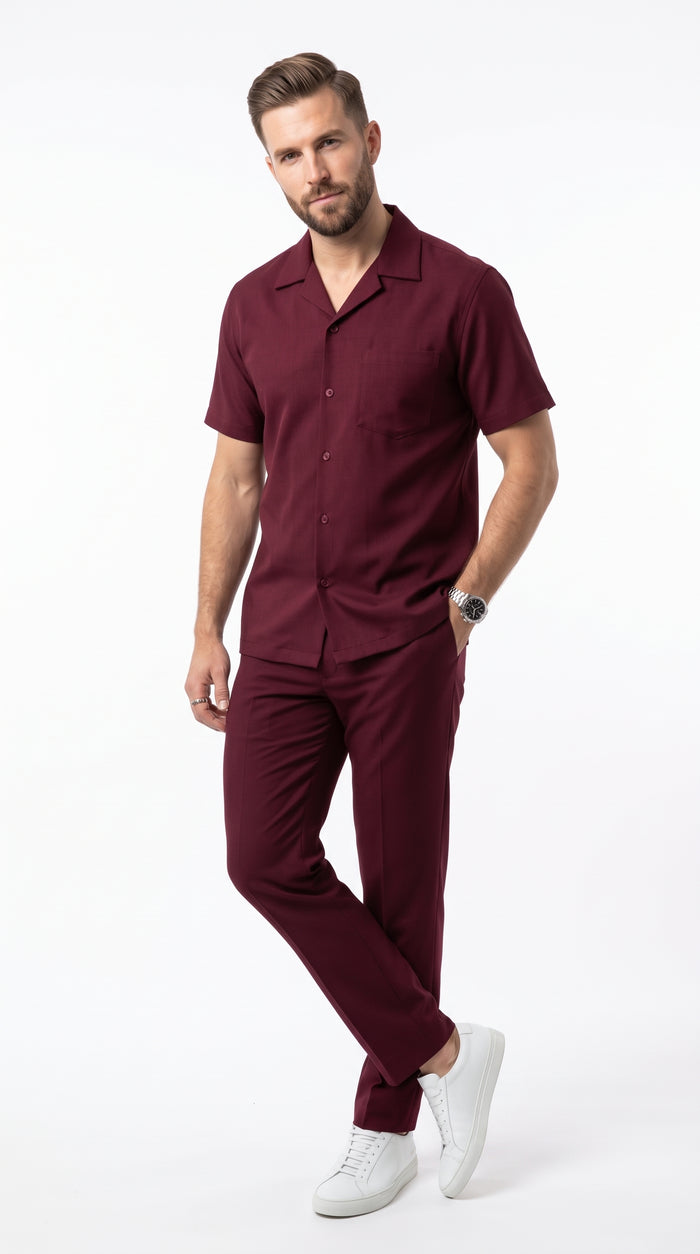 Men’s Burgundy Walking Suit, Big and Tall Casual Shirt and Pants Set up to 6XL