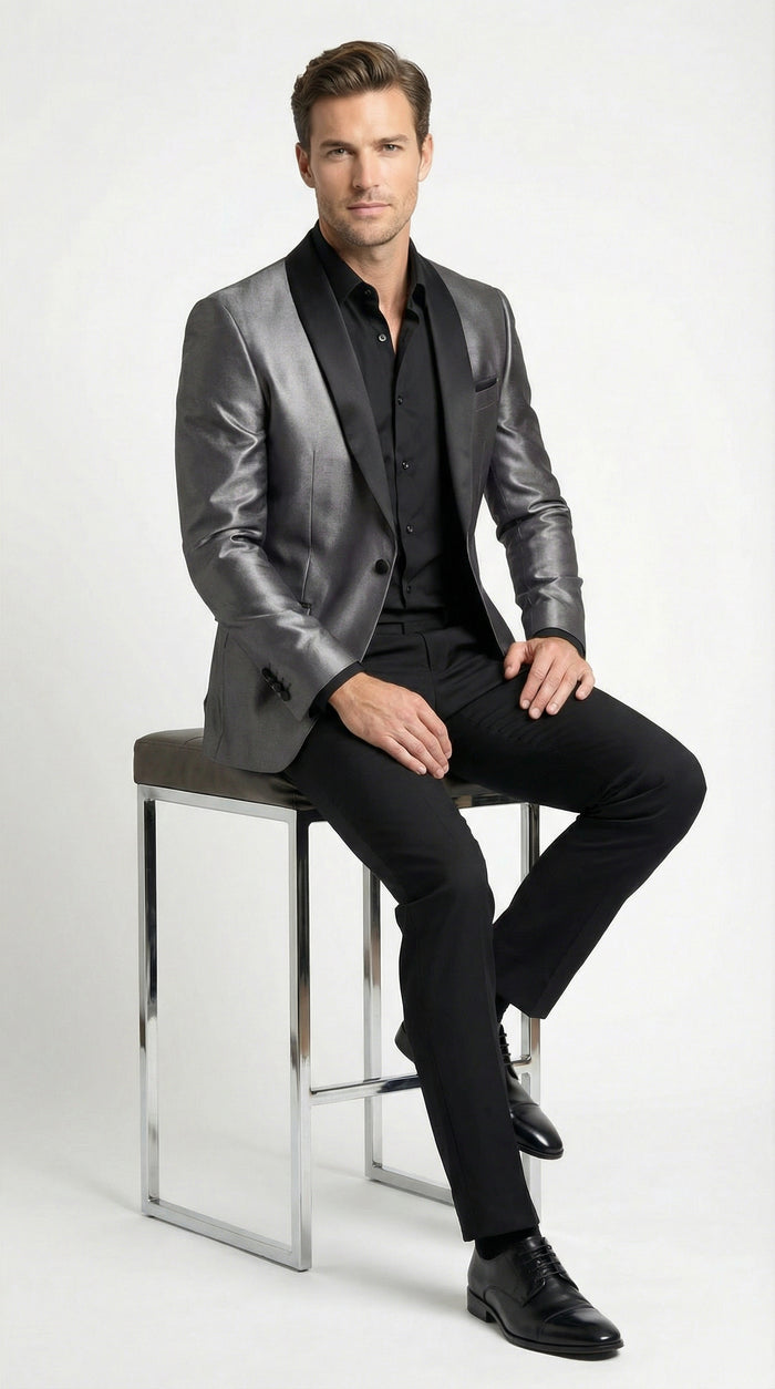 Men’s Shiny Charcoal Grey Blazer –  Sharkskin Dinner Jacket Shawl Collar